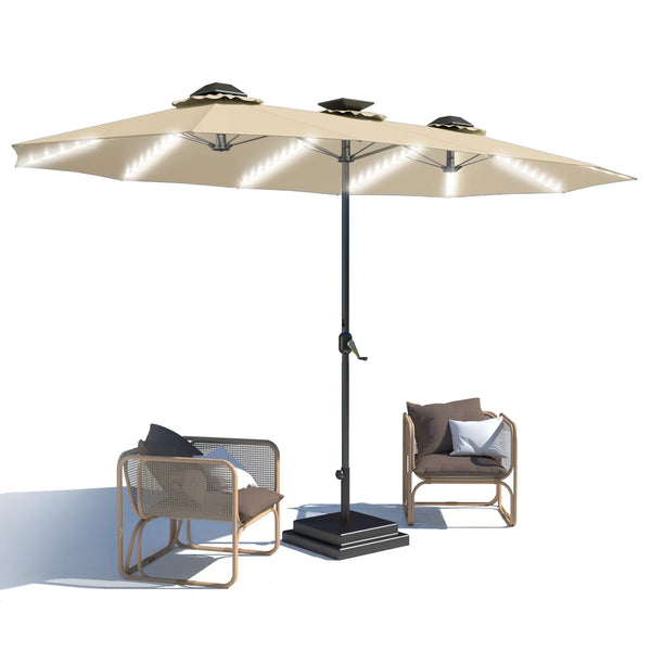 AECOJOY 15ft Patio Double-Sided Umbrella, 156 PCS Solar LED Light Outdoor Large Umbrella, Beige