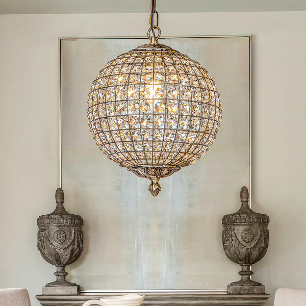 1 - Light 12" Retro Antique Gold Crystal Globe Chandelier Small Sphere Pendant Light