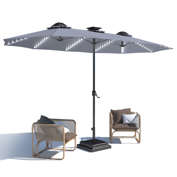 AECOJOY 15ft Patio Double-Sided Umbrella, 156 PCS Solar LED Light Outdoor Large Umbrella, Grey