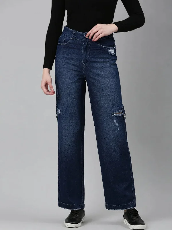 Women Navy Blue Solid Straight Fit Denim Jeans-IM-10329-Navyblue