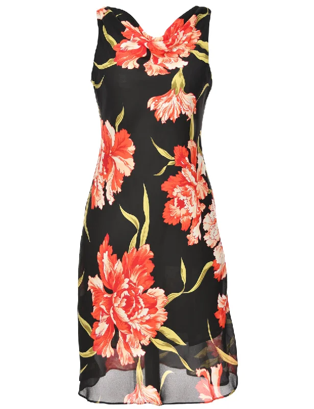 Floral Print Black & Red V-Neck Dress - L Anniversary unclassified dresses