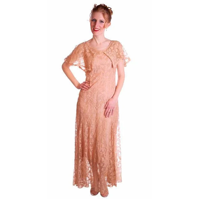 Vintage Dress Pale Peach Lace Garden Party Gown 1930's Small Denim unclassified dresses Vintage Dress Pale Peach Lace Garden Party Gown 1930's Small Denim unclassified dresses