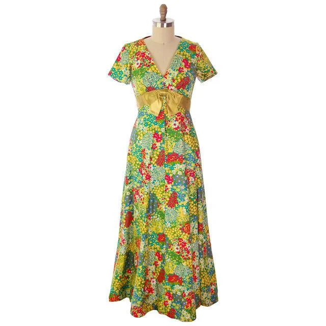 Vintage Polished Cotton Summer Maxi Gown Bright Florals Rona 1970s 38-32-42 Short unclassified dresses Vintage Polished Cotton Summer Maxi Gown Bright Florals Rona 1970s 38-32-42 Short unclassified dresses