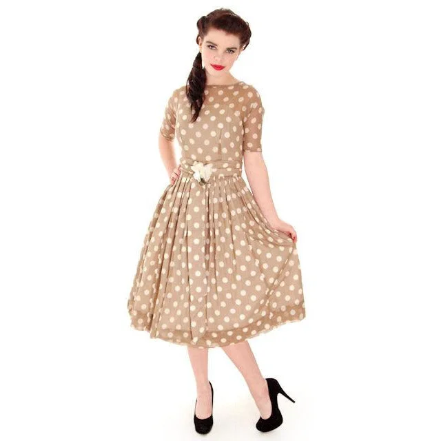 Vintage Taupe Cotton Polka Dot Dress Sheer Overlay 1950s 32-25-Free Fashionable unclassified dresses Vintage Taupe Cotton Polka Dot Dress Sheer Overlay 1950s 32-25-Free Fashionable unclassified dresses