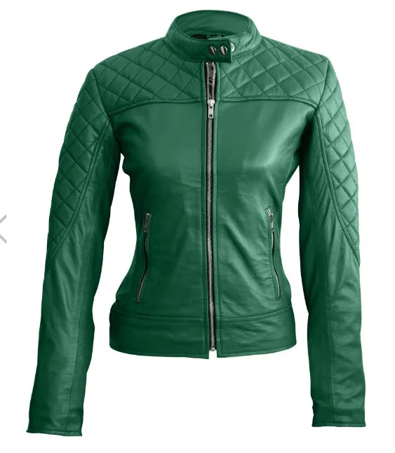 Women Green Quilted Leather Jacket Women's weekend jackets
