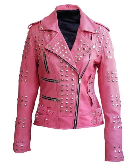 Women Pink Studded Studs Genuine Leather Jacket Women's boho jackets