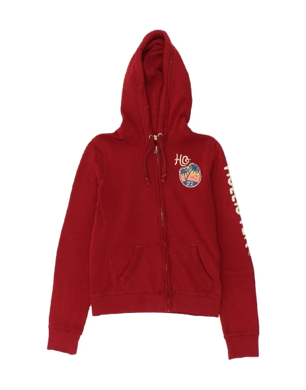 HOLLISTER Womens Graphic Zip Hoodie Sweater UK 10 Small Red Cotton Adidas sweaters