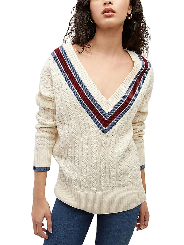 Womens Cable-Knit Ribbed Trim V-Neck Sweater Lightweight sweaters for spring