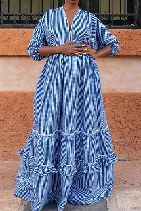 Elegant V-neck Plaid Ruffle Hem Maxi Dress Winter maxi dresses