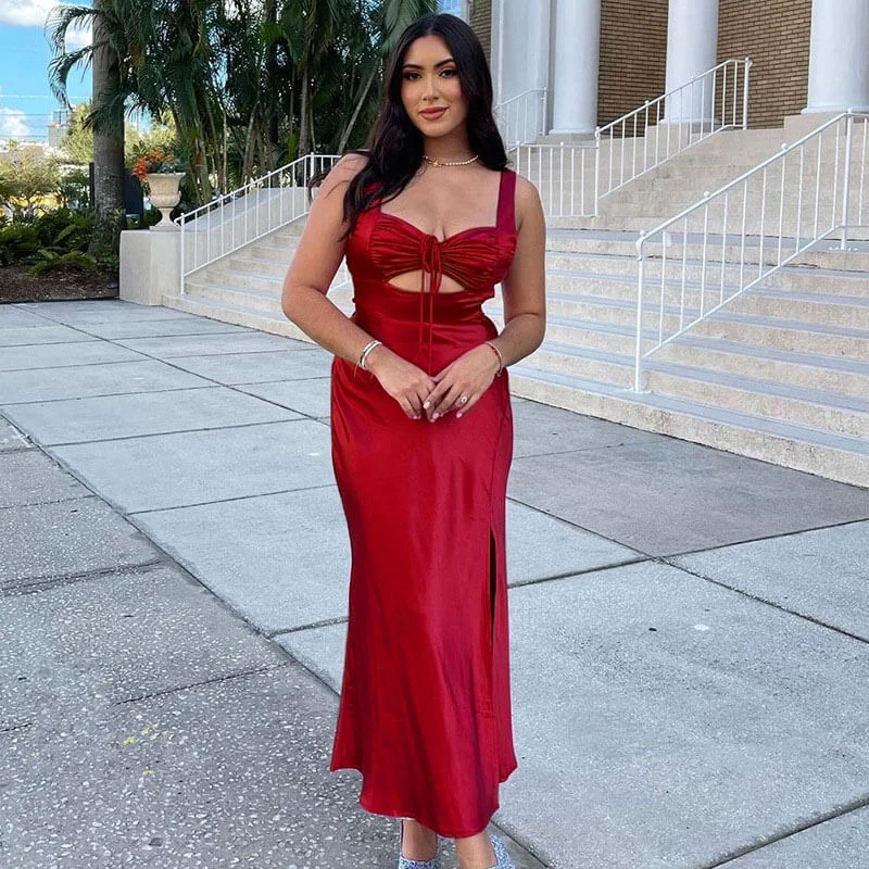 Cut Out Lace Up Open Back Sleeveless Maxi Dress - Red Strapless maxi dresses