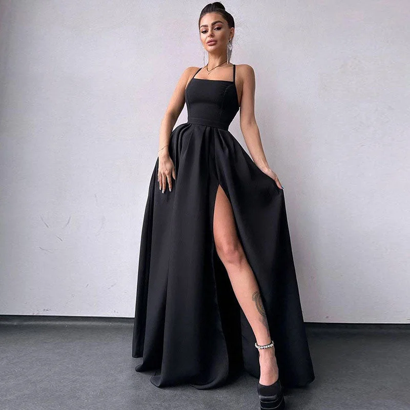 Solid Color High Split Lace Up Back Sleeveless Prom Maxi Dress - Black Long sleeve maxi dresses Solid Color High Split Lace Up Back Sleeveless Prom Maxi Dress - Black Long sleeve maxi dresses