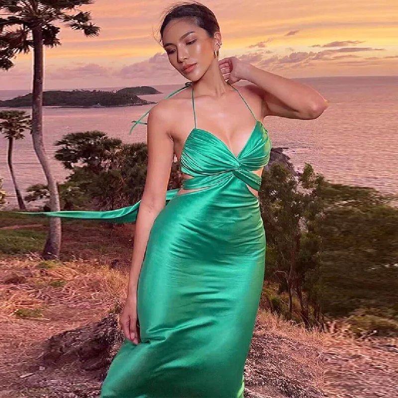 Striking Tie Back Twist Front Cut Out Satin Slip Maxi Dress - Green Vacation maxi dresses Striking Tie Back Twist Front Cut Out Satin Slip Maxi Dress - Green Vacation maxi dresses