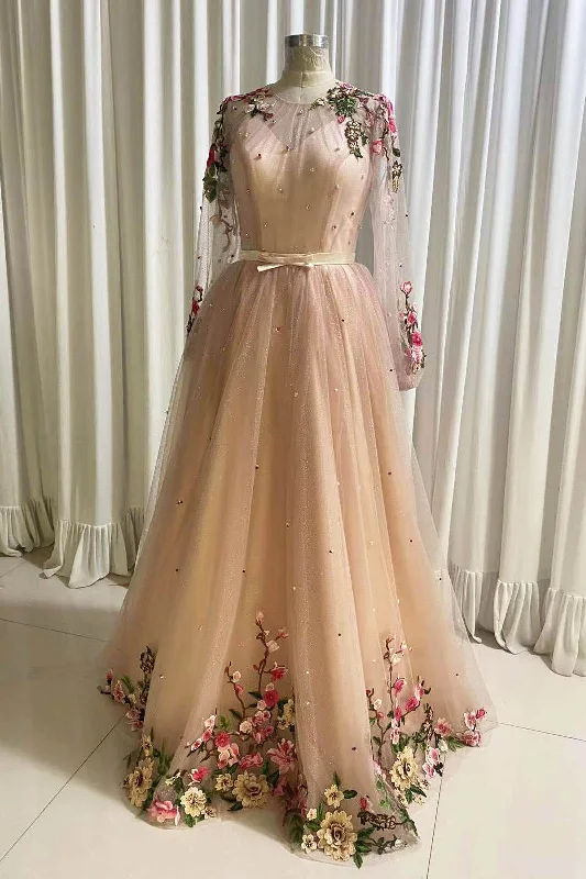 A Line Tulle Long Corset Prom Dress with Flowers, Pink Long Sleeves Party Dress with Beading outfit Minimalist party dresses A Line Tulle Long Corset Prom Dress with Flowers, Pink Long Sleeves Party Dress with Beading outfit Minimalist party dresses