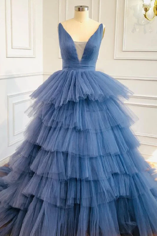 Blue V Neck Tiered Sleeveless Tulle Corset Prom Dress, Gorgeous Long Party Dress Outfits Glamorous party dresses Blue V Neck Tiered Sleeveless Tulle Corset Prom Dress, Gorgeous Long Party Dress Outfits Glamorous party dresses