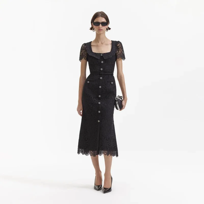 BLACK GUIPURE LACE BUTTON MIDI DRESS Flattering midi dresses for all body types