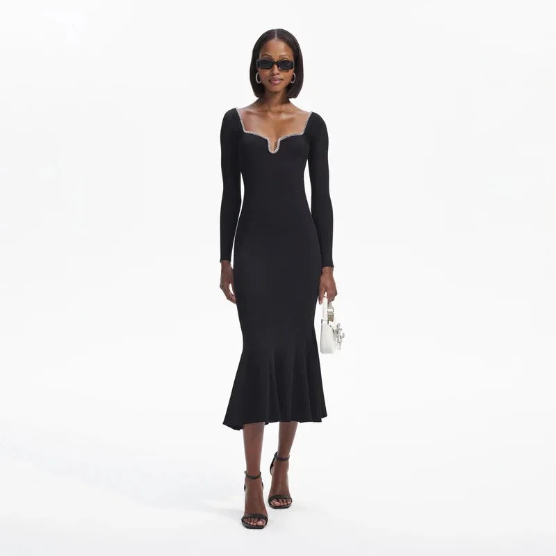 BLACK KNIT DIAMANTE TRIM MIDI DRESS Sexy midi dresses