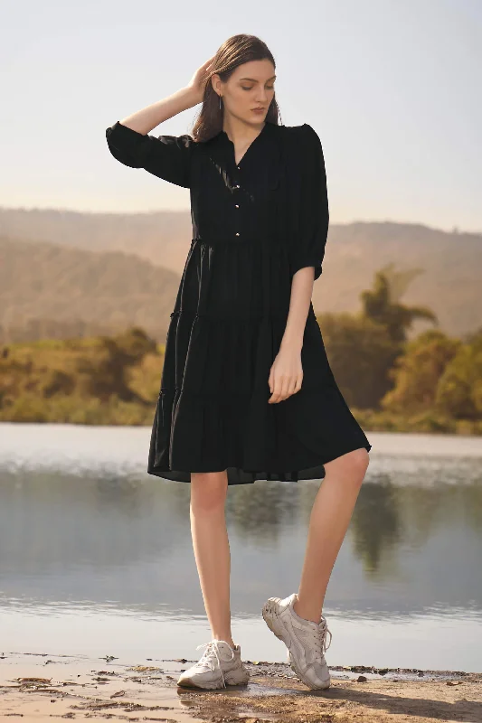 Black Ruffle Detailed Tiered Midi Dress Formal midi dresses