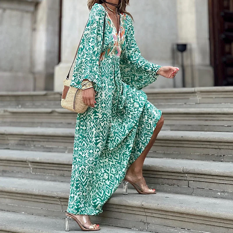 Autumn New Women's Fashion Casual V-Neck Long Sleeve Midi Length Printed Dress Ruffled midi dresses