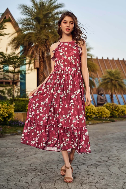 Floral Halter Ruffle Neck Teired Midi Dress Forever 21 midi dresses