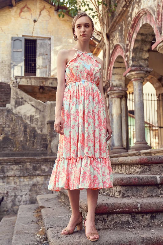 Floral Halter Ruffle Neck Teired Midi Dress Vintage midi dresses