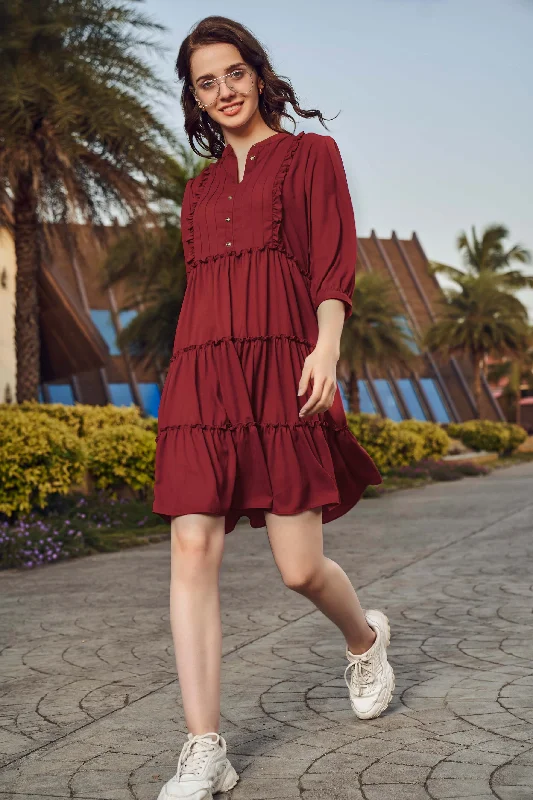 Maroon Ruffle Detailed Tiered Midi Dress Vacation midi dresses