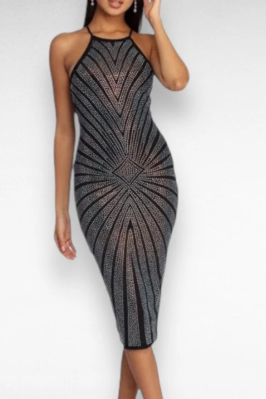 Rhinestone Halter Midi Dress Wedding guest midi dresses