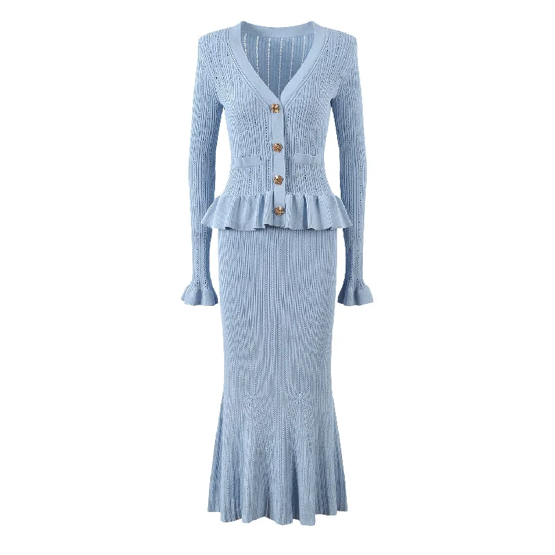 V-neck knitted ruffle panel slim midi fishtail dress Winter midi dresses