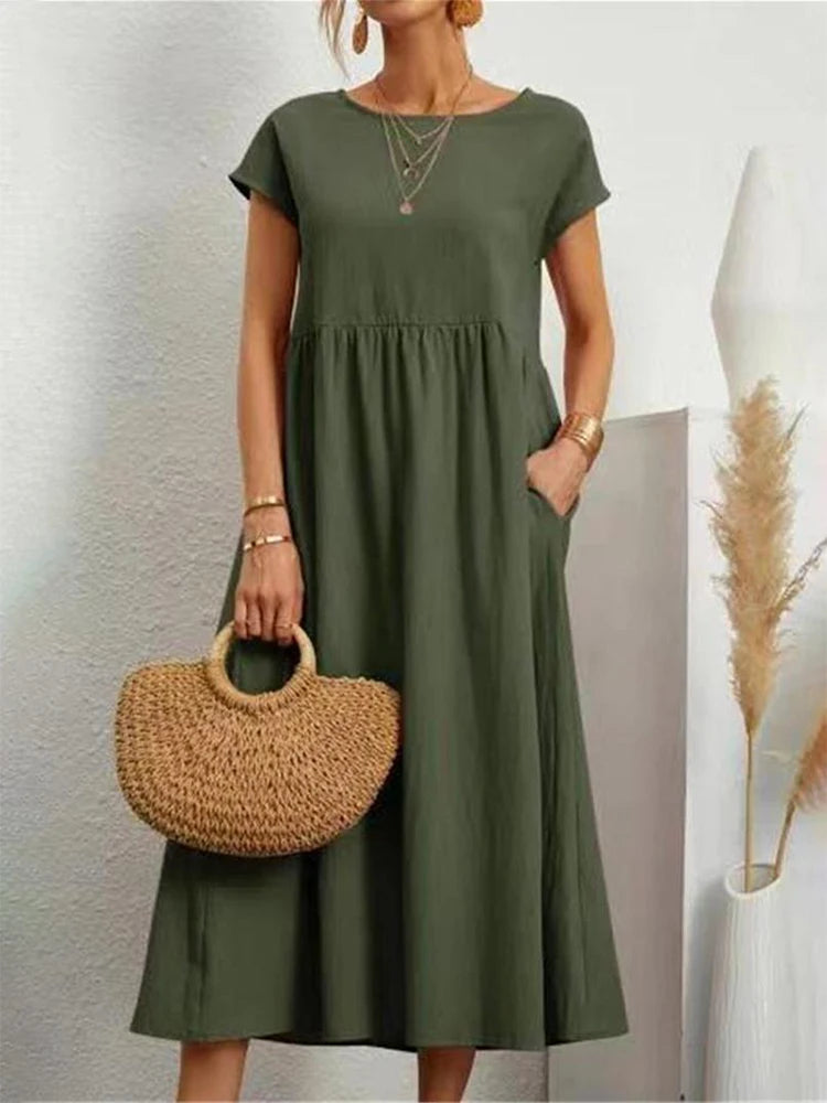 Vintage Solid Midi Dress Casual Short Sleeve Cotton and Linen Harajuku Oversized Long Dress Women Summer Y2K Maxi Sundress 2023 A-line midi dresses