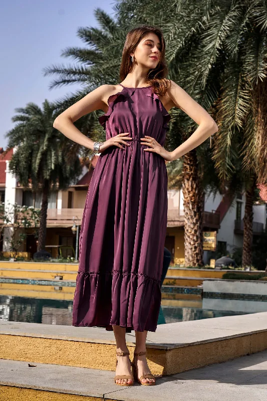 Wine Halter Ruffle Neck Tiered Midi Dress PrettyLittleThing midi dresses