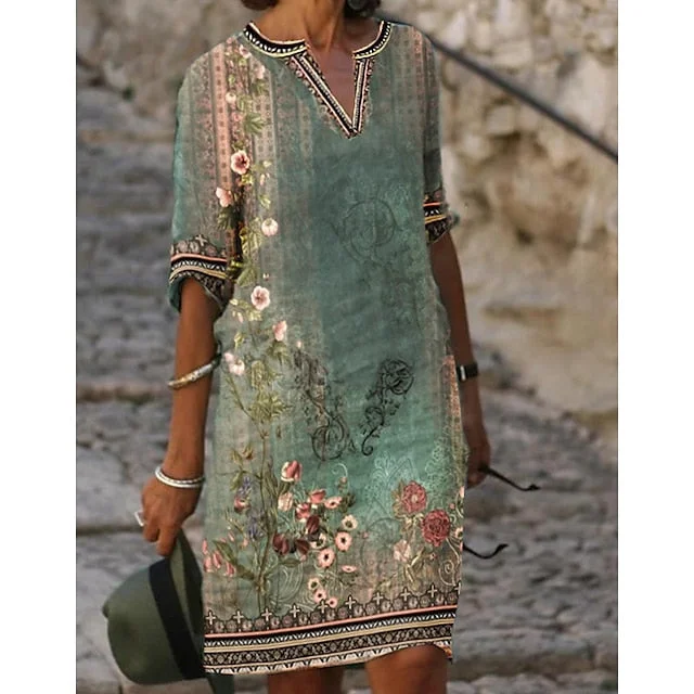 Women's Casual Dress Shift Dress Midi Dress Green Half Sleeve Floral Print Fall Spring Summer V Neck S M L XL XXL 3XL Halter midi dresses
