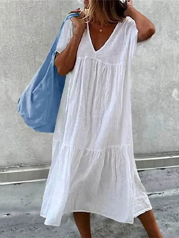 Women's Casual Dress Summer Dress Plain Dress Plain Ruched Patchwork V Neck Midi Dress Basic Modern Outdoor Daily Short Sleeve Loose Fit Black White Pink Summer Spring S M L XL XXL Cotton midi dresses Women's Casual Dress Summer Dress Plain Dress Plain Ruched Patchwork V Neck Midi Dress Basic Modern Outdoor Daily Short Sleeve Loose Fit Black White Pink Summer Spring S M L XL XXL Cotton midi dresses