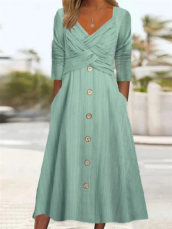 Women's Casual Dress Summer Dress Pleated Dress Plain Ruched Button V Neck Midi Dress Fashion Mature Outdoor Street Half Sleeve Loose Fit White Purple Green Summer Spring S M L XL XXL Off-shoulder midi dresses Women's Casual Dress Summer Dress Pleated Dress Plain Ruched Button V Neck Midi Dress Fashion Mature Outdoor Street Half Sleeve Loose Fit White Purple Green Summer Spring S M L XL XXL Off-shoulder midi dresses