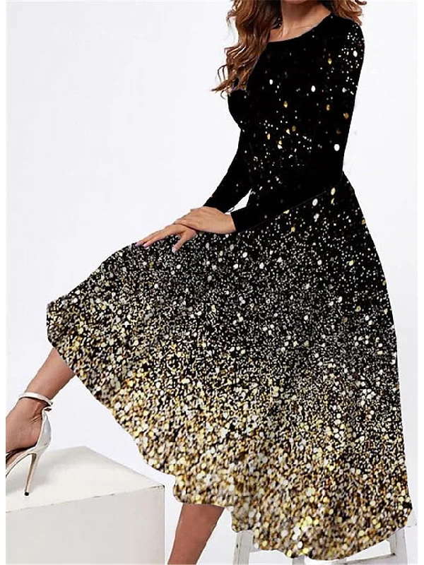 Women's Casual Dress Swing Dress Midi Dress Gold Long Sleeve Color Gradient Print Summer Spring Fall Round Neck Fashion S M L XL XXL 3XL Lightweight midi dresses for hot weather Women's Casual Dress Swing Dress Midi Dress Gold Long Sleeve Color Gradient Print Summer Spring Fall Round Neck Fashion S M L XL XXL 3XL Lightweight midi dresses for hot weather