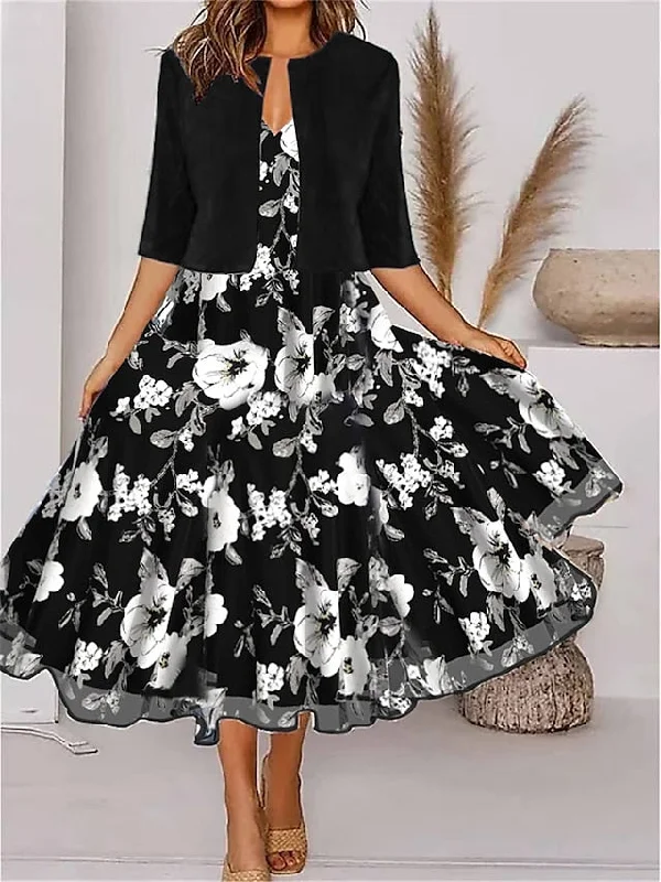 Women's Two Piece Dress Set Casual Dress Chiffon Dress Outdoor Daily Fashion Elegant Print Midi Dress V Neck Half Sleeve Floral Regular Fit Black Pink Gray Summer Spring S M L XL XXL Clubbing midi dresses Women's Two Piece Dress Set Casual Dress Chiffon Dress Outdoor Daily Fashion Elegant Print Midi Dress V Neck Half Sleeve Floral Regular Fit Black Pink Gray Summer Spring S M L XL XXL Clubbing midi dresses