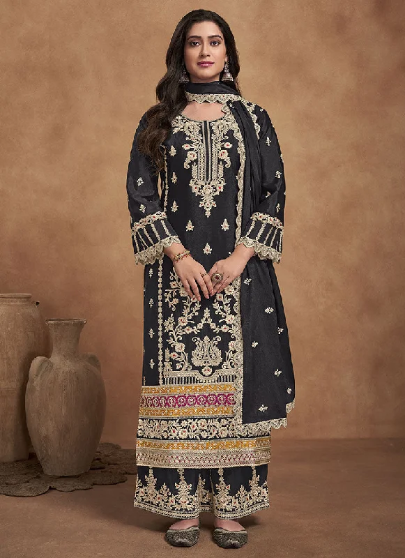 Black Thread Embroidery Palazzo Style Suit Strapless Lace Dress