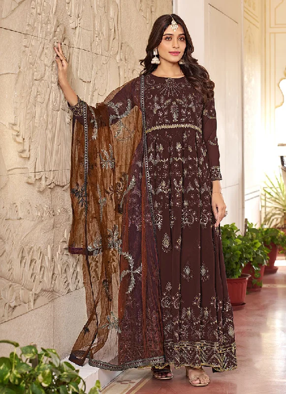 Brown Multi Embroidery Gerogette Anarkali Suit Glitter Wedding Dress