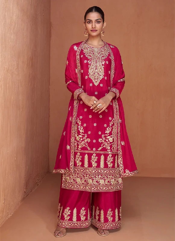 Cherry Red Reshamkari Embroidery Festive Palazzo Suit Sleek Wedding Dress