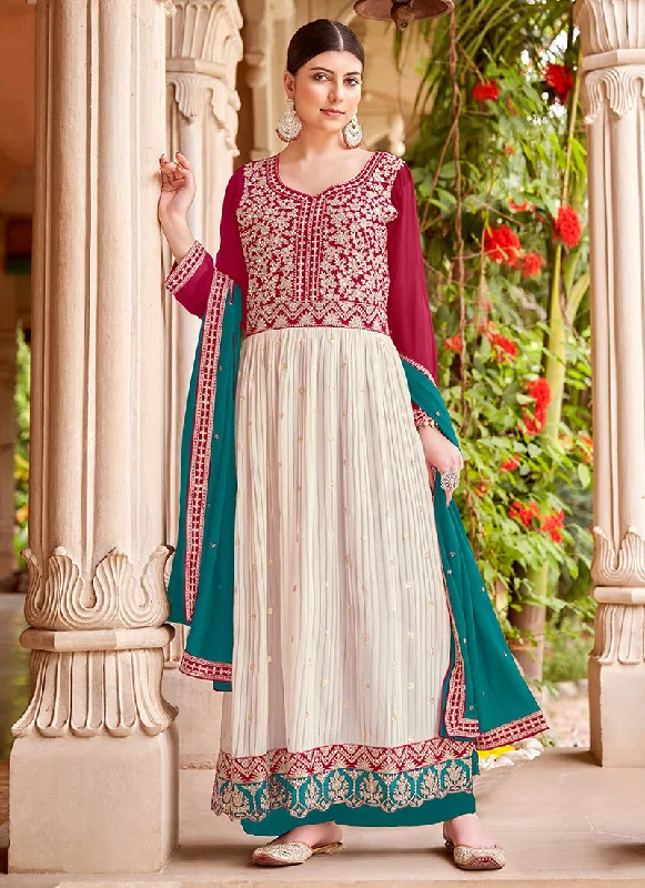 Off White And Pink Embroidery Anarkali Style Palazzo Suit Princess Wedding Dress