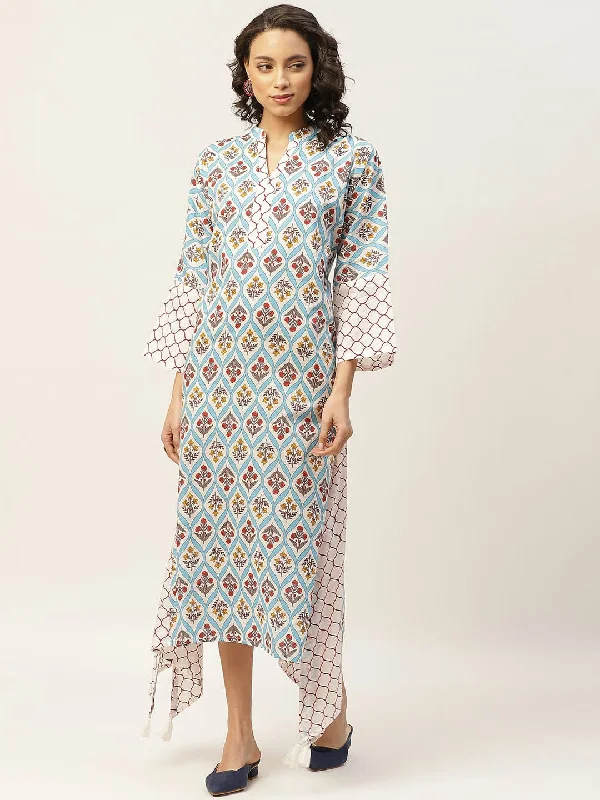 Blue Floral Neck Band Kaftan Maxi floral dresses