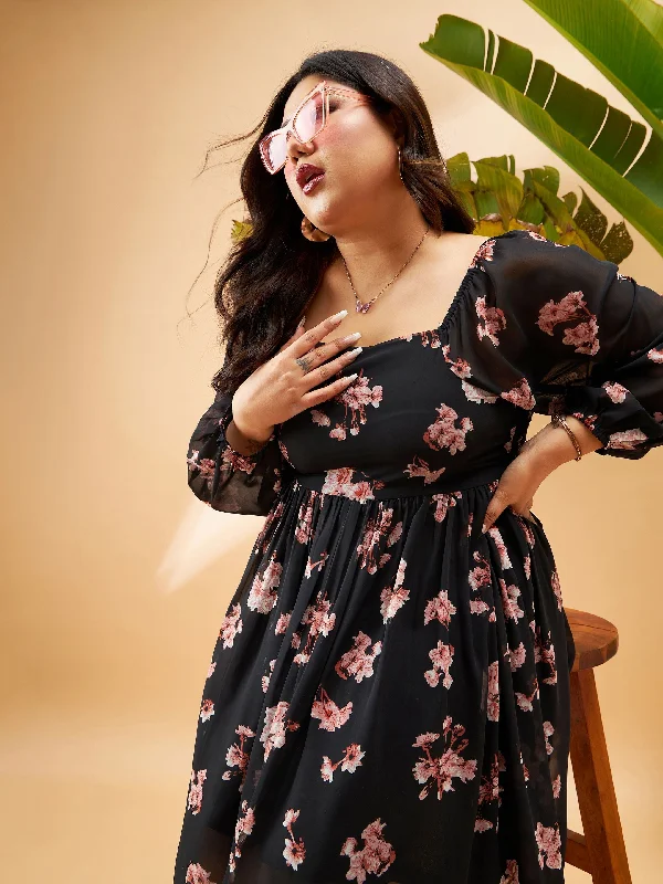 Women Black Floral Print Back Smocking Detail Skater Dress Lace floral dresses