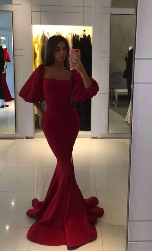 Sexy Red Square Neck Half Sleeves Mermaid Long Prom Dress,DP505 Tartan Maxi Skirt