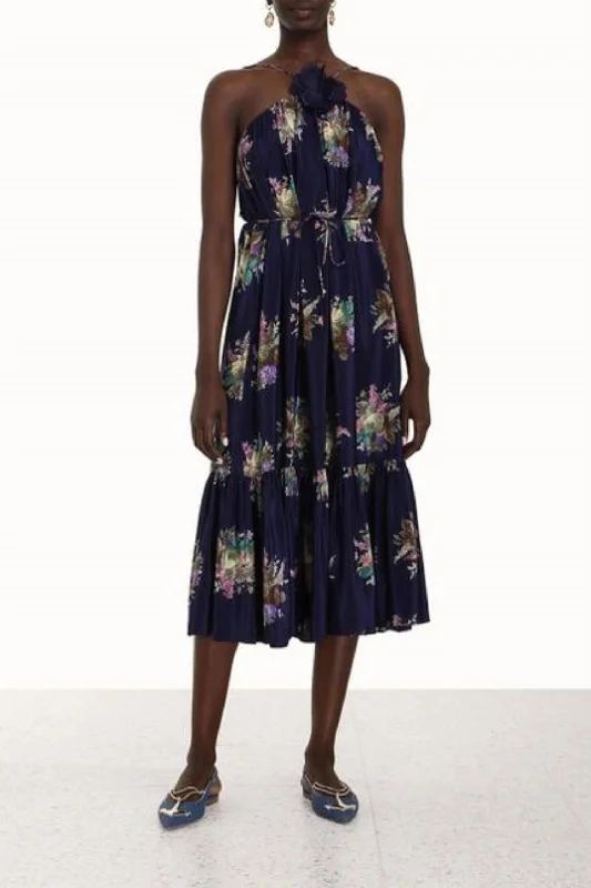 Halter Neck Midi Dress In Navy Bouquet Chic Midi Skirt