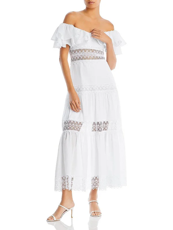 Womens Lace Inset Tea Length Midi Dress Elegant Satin Skirt